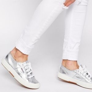 Superga Cotmetu Grey Silver Metallic Lace Up Canvas Sneakers Women's 6.5 Casual